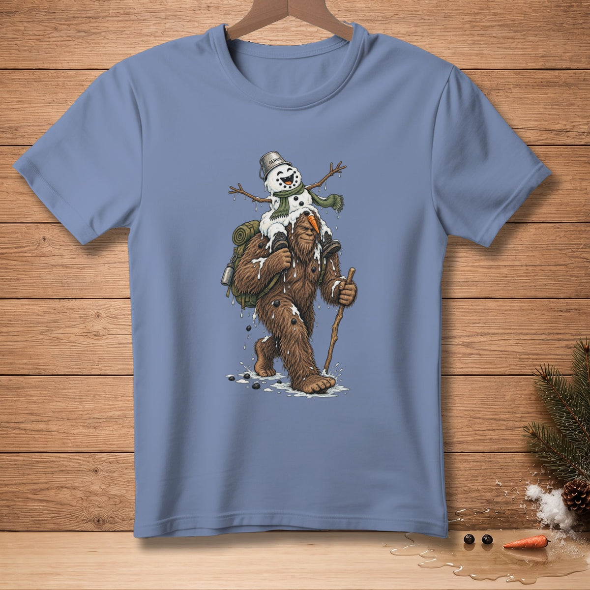 Bigfoot carrying a melting snowman on his shoulders while hiking.