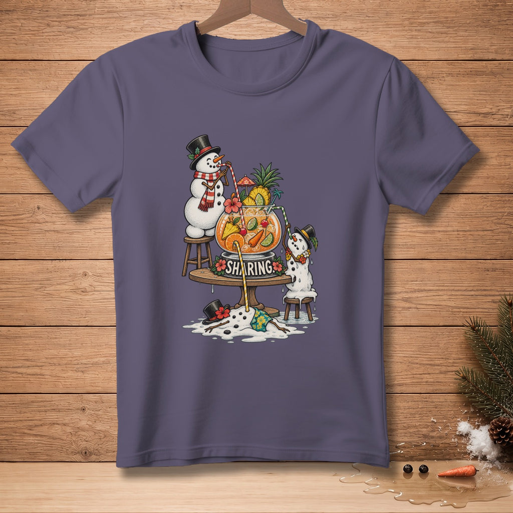 Snowmen sharing a tropical drink with "Sharing" text below.