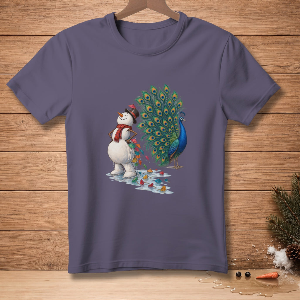 Snowman wearing a scarf and hat with a peacock and colorful umbrellas on a t-shirt.