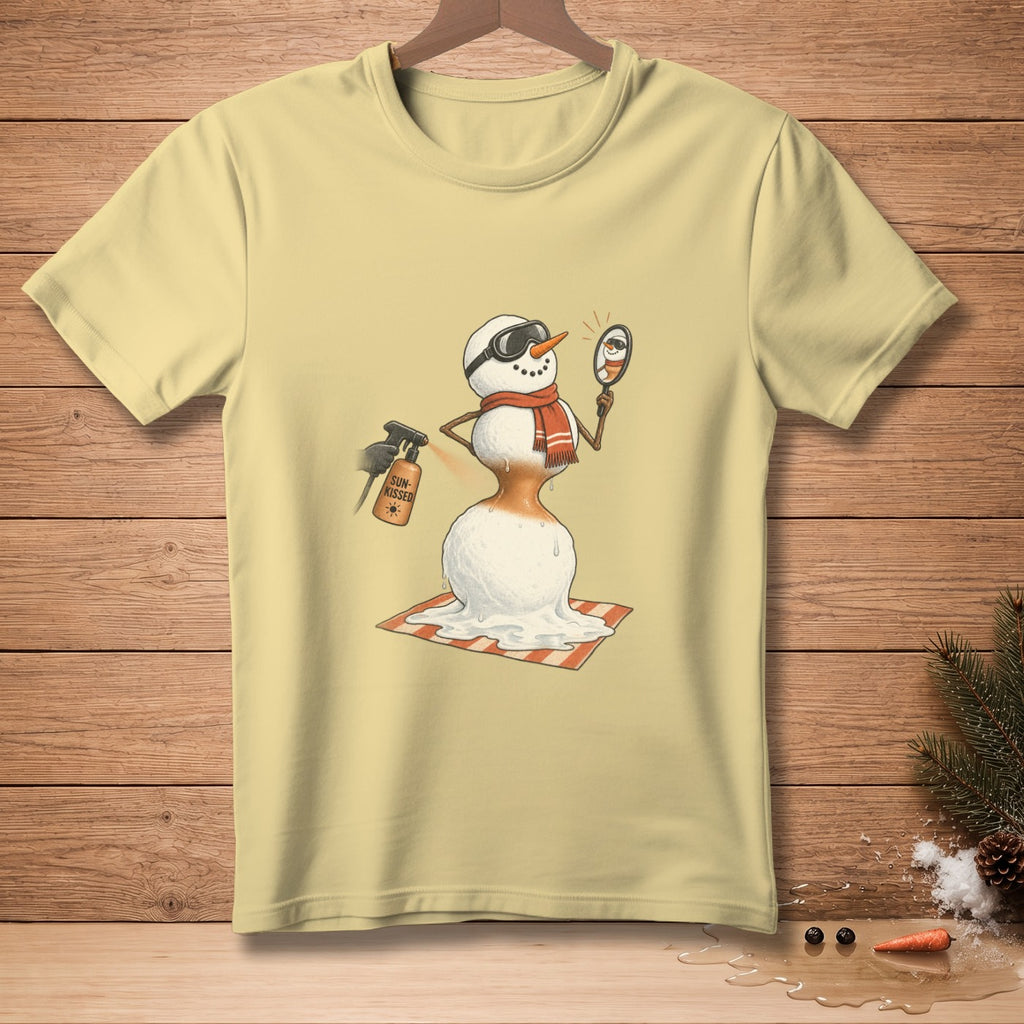 Melting snowman applying self-tanner with sunglasses and a mirror.