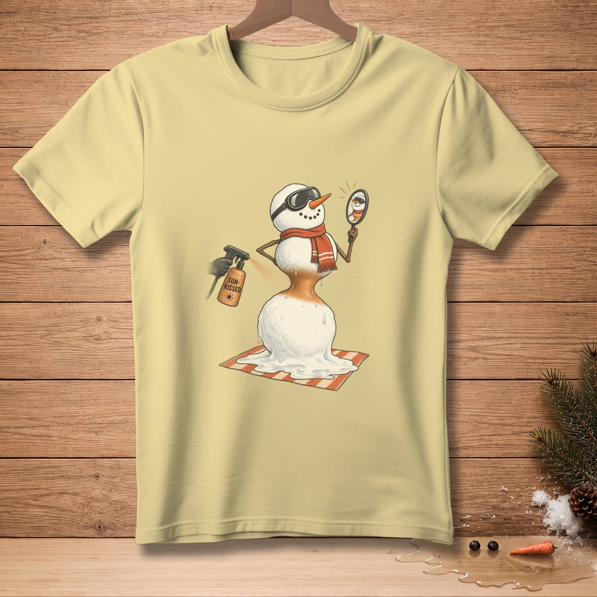 Melting snowman applying self-tanner with sunglasses and a mirror.