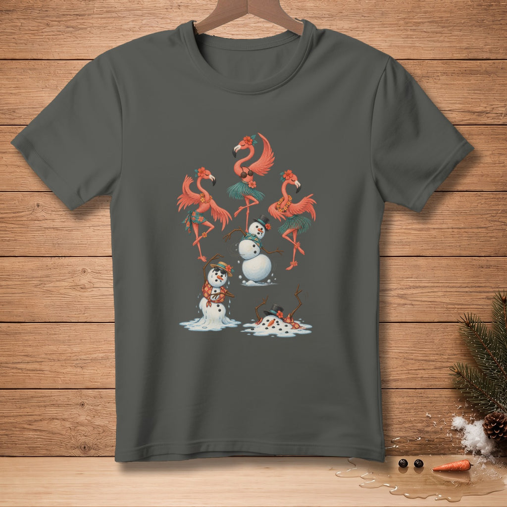 Flamingos in grass skirts dance with melting snowmen on a dark gray t-shirt.