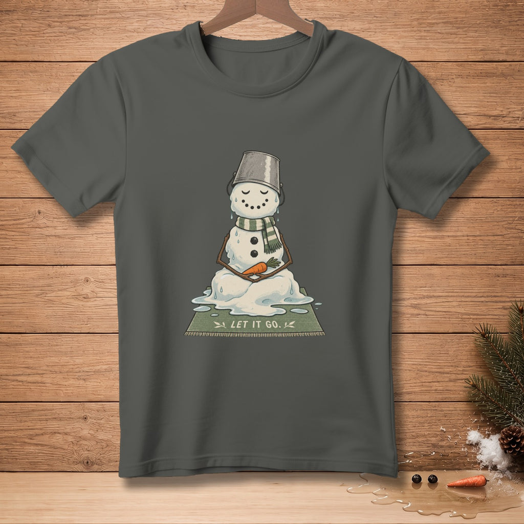 Melting snowman meditating on a mat with text "LET IT GO."