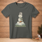 Melting snowman meditating on a mat with text "LET IT GO."