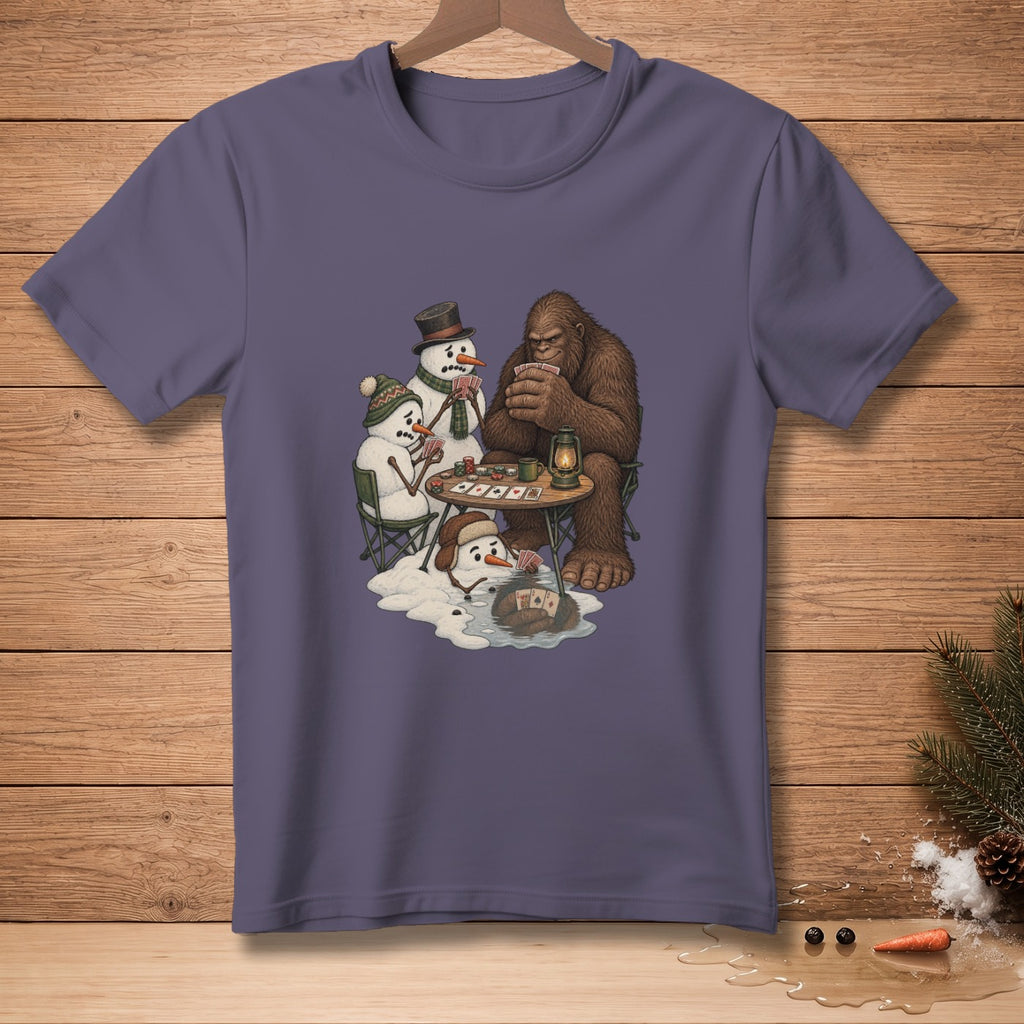 Bigfoot plays poker with snowmen around a table with cards and a lantern.