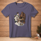 Bigfoot plays poker with snowmen around a table with cards and a lantern.