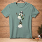 Snowman with a bucket on head lifts weight labeled "More Power".