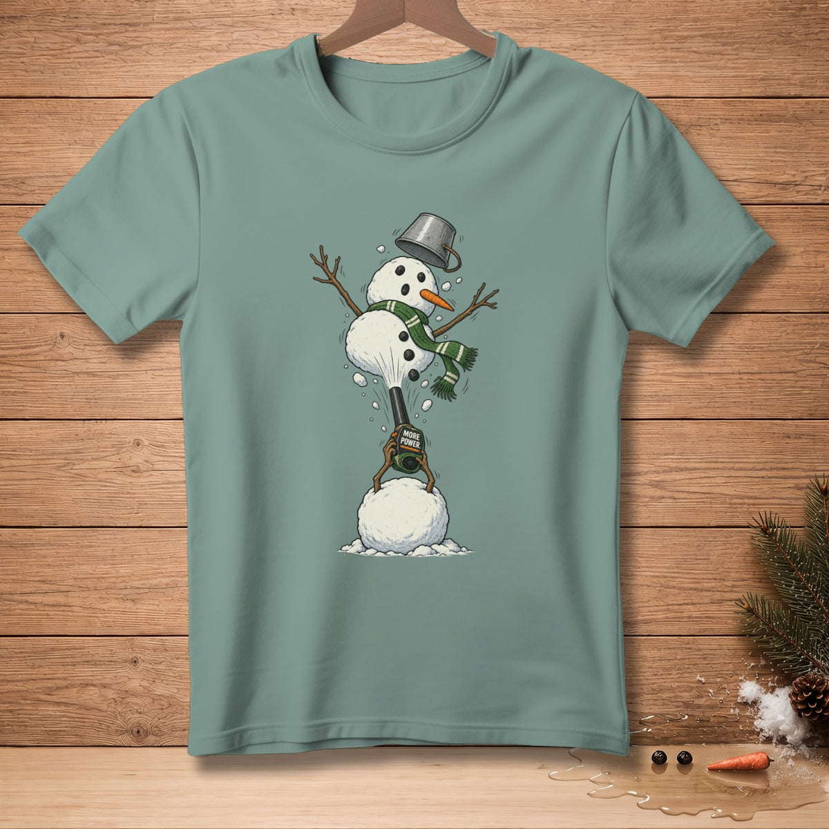 Snowman with a bucket on head lifts weight labeled "More Power".