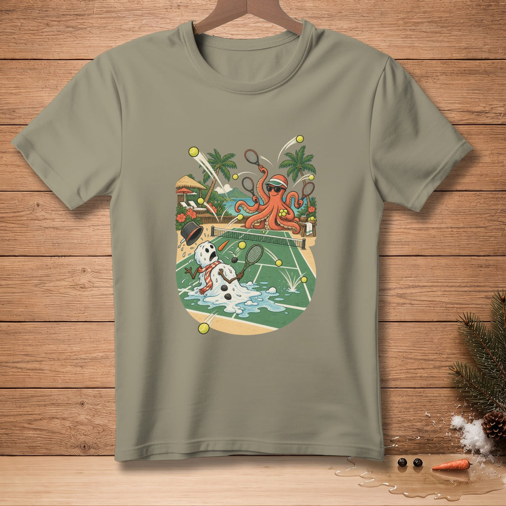 Octopus playing tennis against melting snowman on a tropical court.