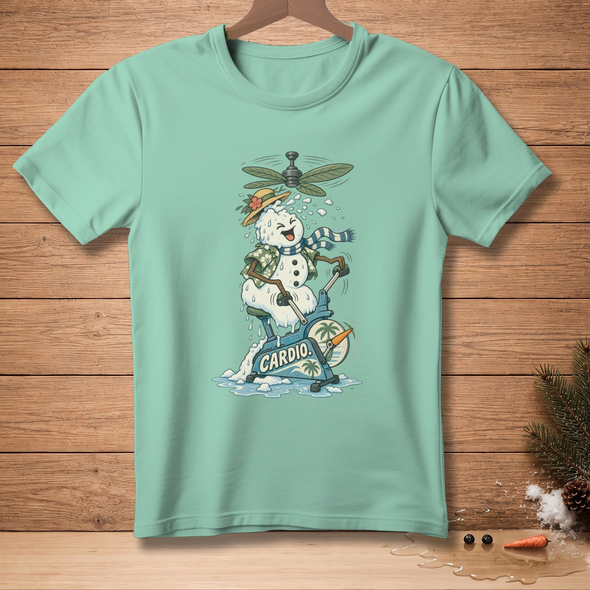 Snowman on stationary bike with "CARDIO" text, melting under a fan.