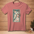 T-shirt with melting snowmen and surfboard in a box, "Beach" button.