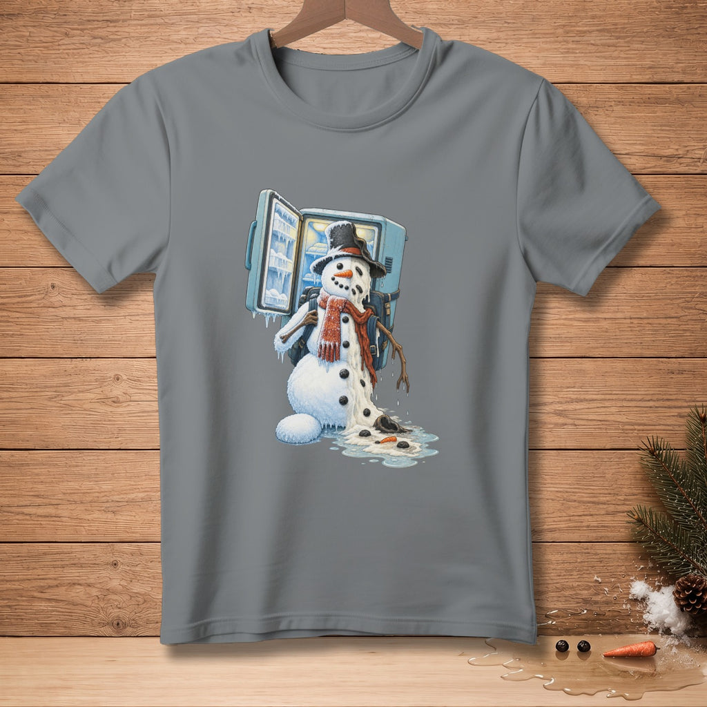 Melting snowman wearing a scarf and hat near an open refrigerator.