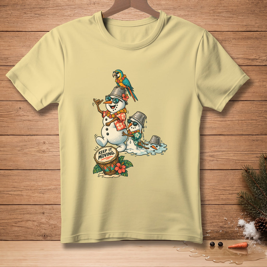 Snowmen in Hawaiian shirts and buckets, a parrot on one, drum with text "KEEP IT MOVING."