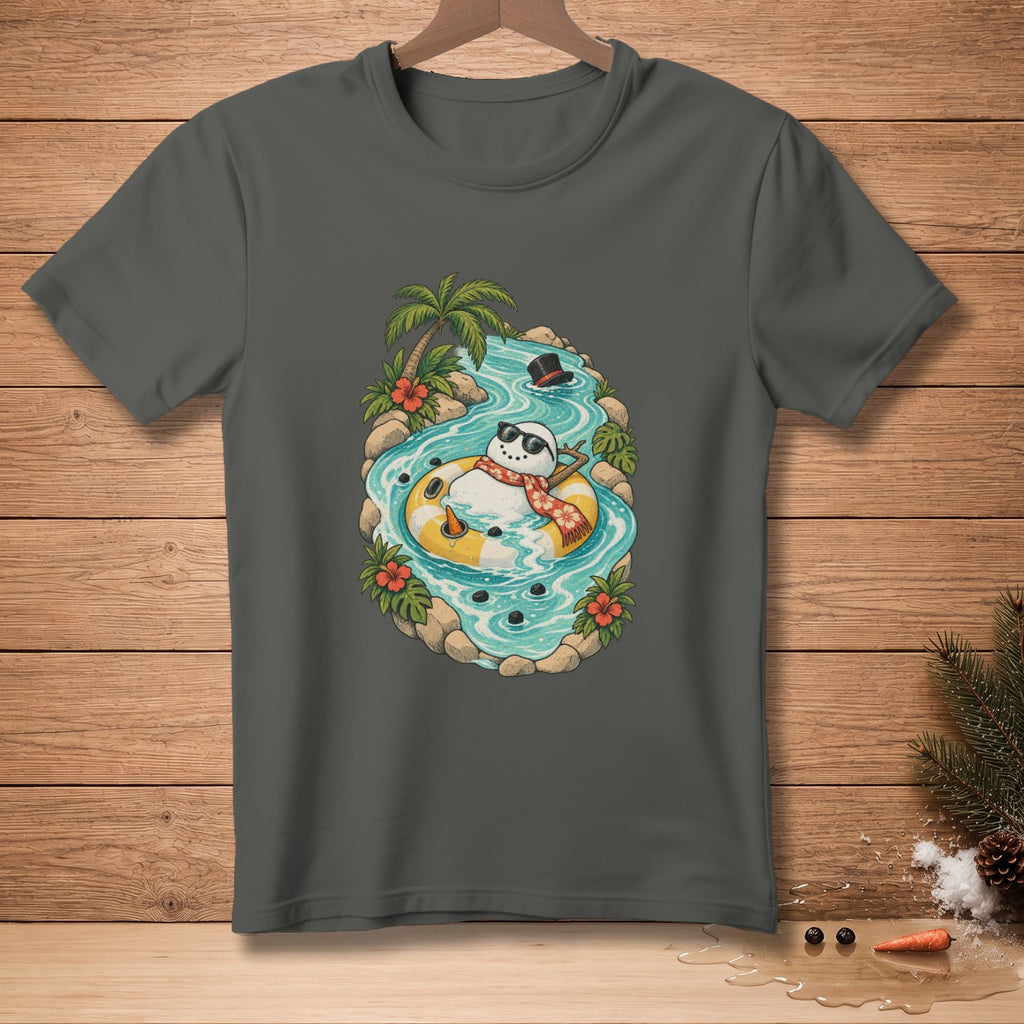 Snowman wearing sunglasses and scarf floats on a yellow ring in a stream.