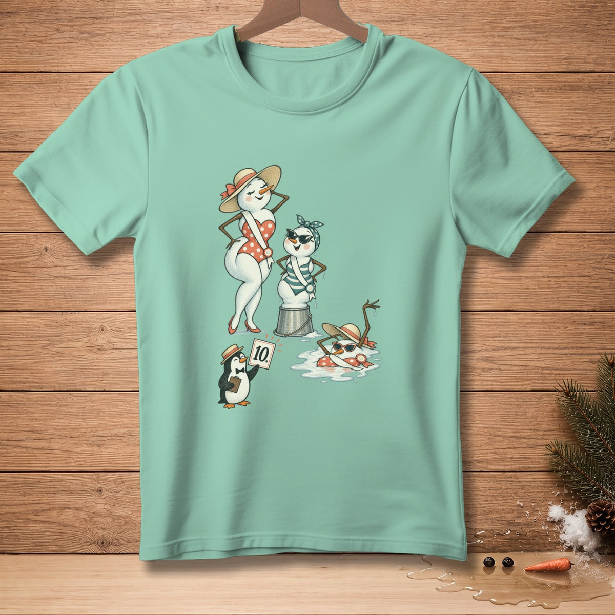 Three snowmen in swimsuits and hats, a penguin holding a score of ten.