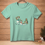 Mint t-shirt with melting snowmen walking, holding drinks, with a parrot.