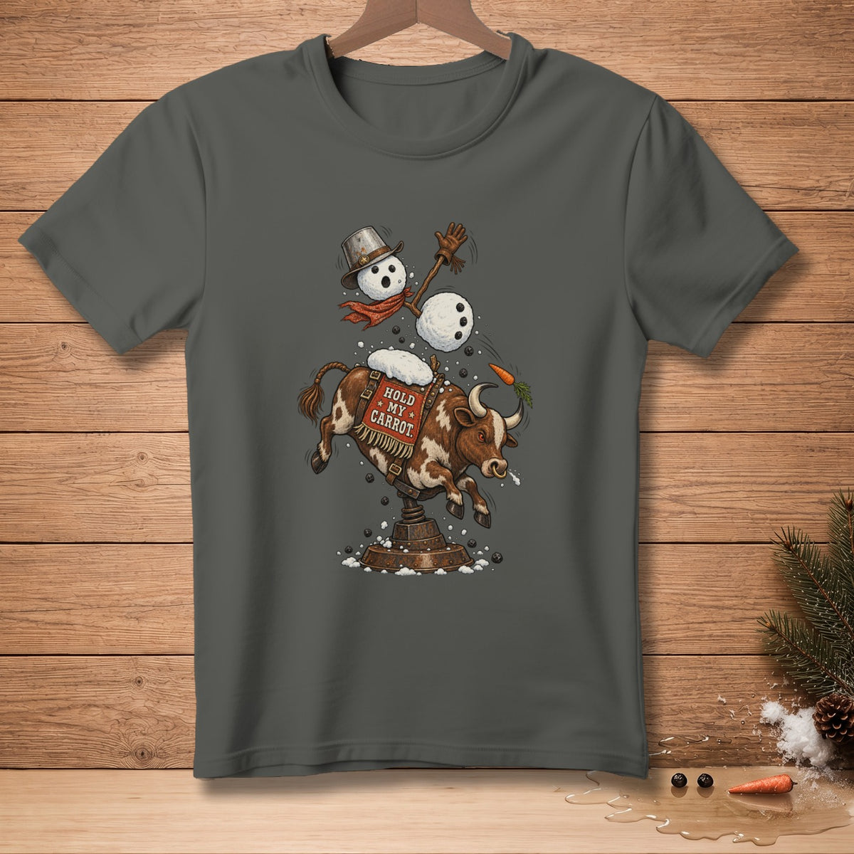 A snowman rides a mechanical bull with "Hold My Carrot" saddle.