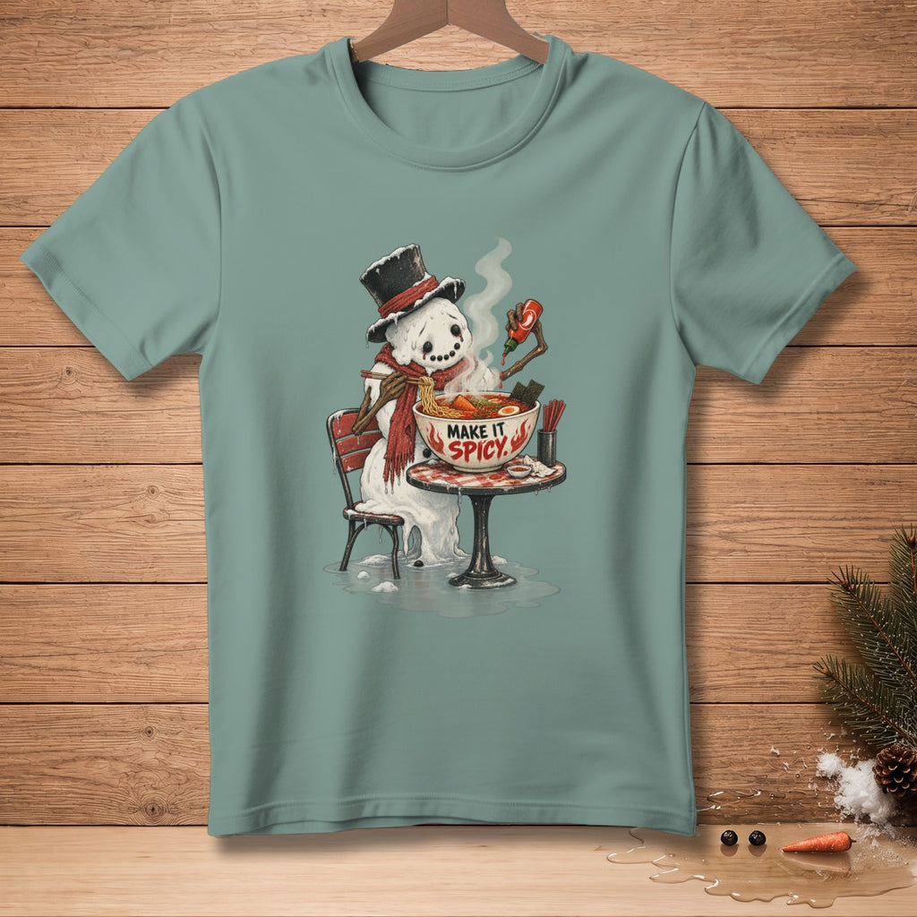 Snowman in a top hat eating ramen and adding hot sauce, text reads "Make It Spicy."