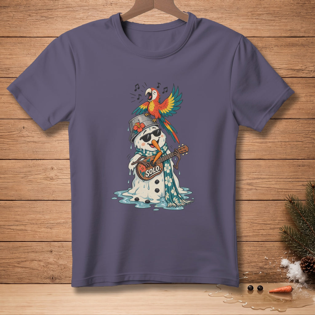 Snowman with sunglasses and parrot playing ukulele on t-shirt.
