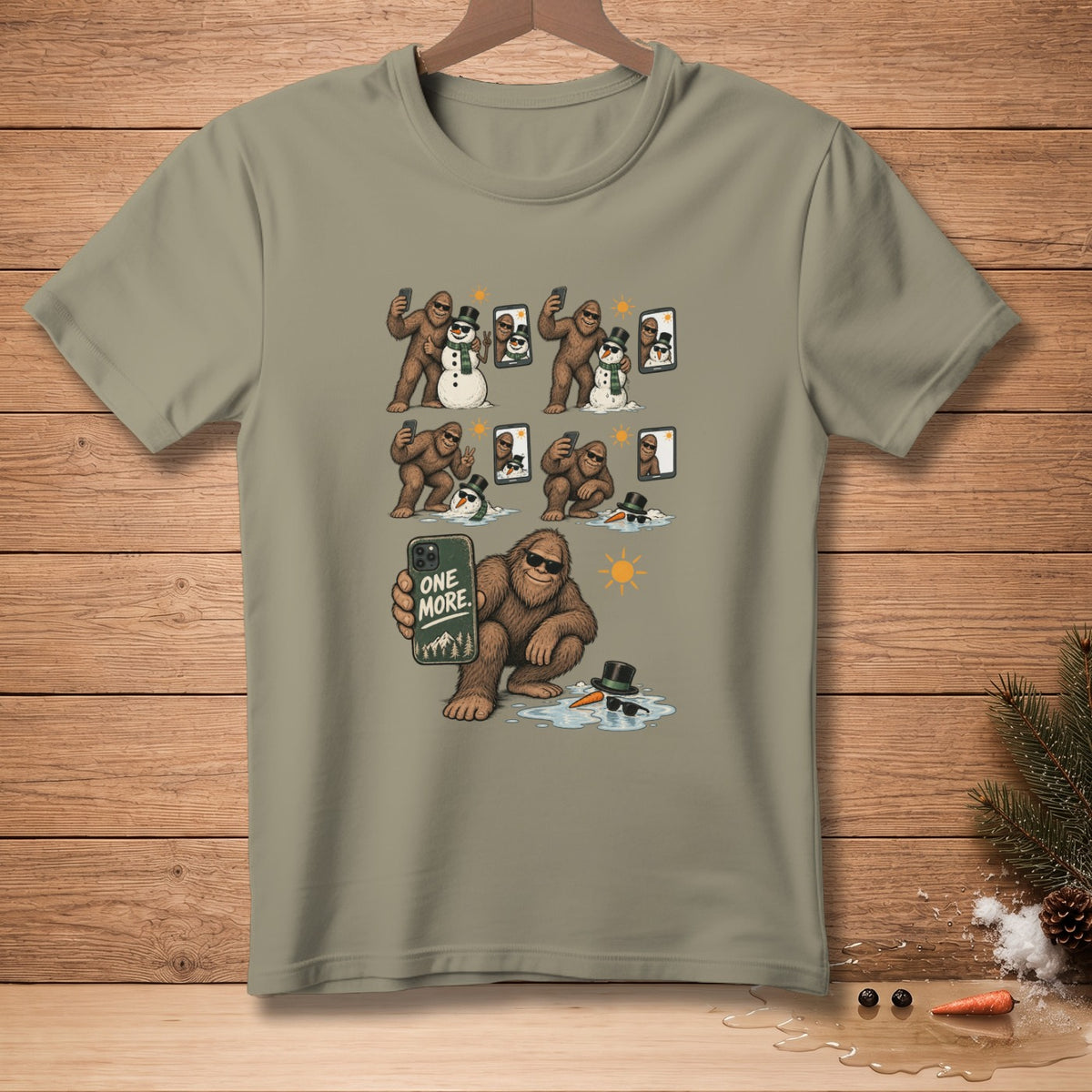 Bigfoot and snowmen taking selfies, one says "ONE MORE."