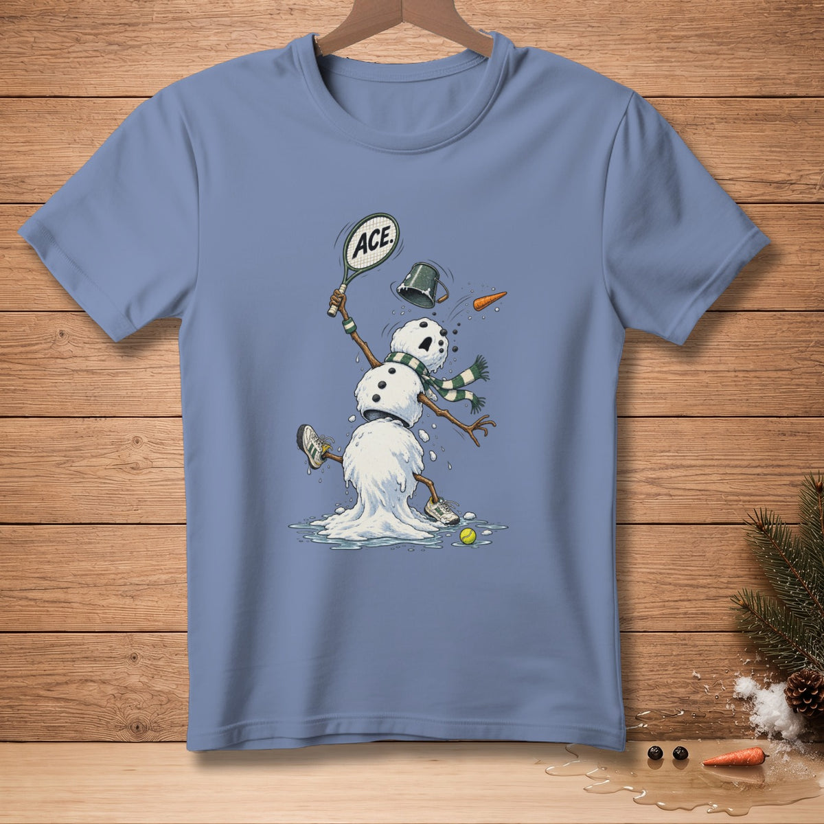 T-shirt with melting snowman playing tennis, holding racquet with "ACE" text.