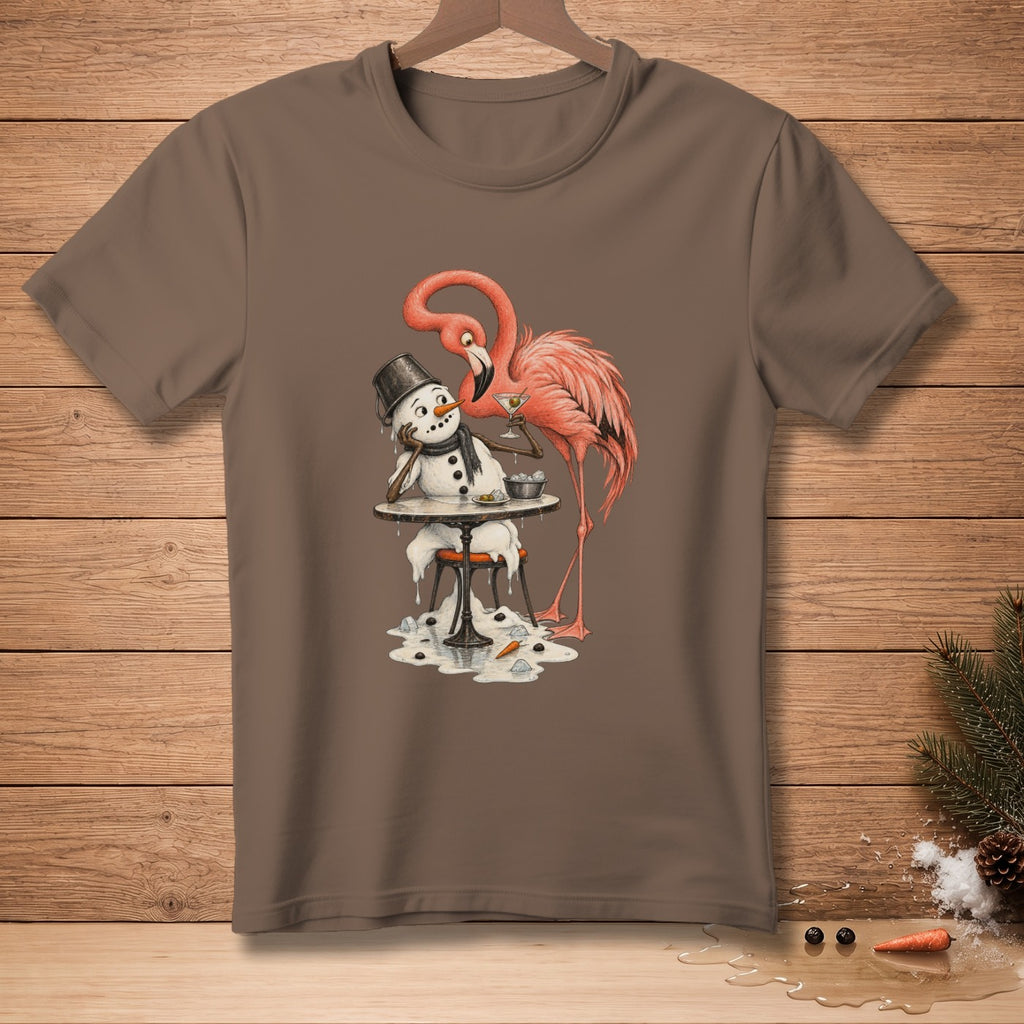 Flamingo offering a drink to a melting snowman sitting at a small table.