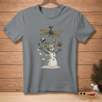 Snowman with scarf and carrot nose being blown by a ceiling fan.