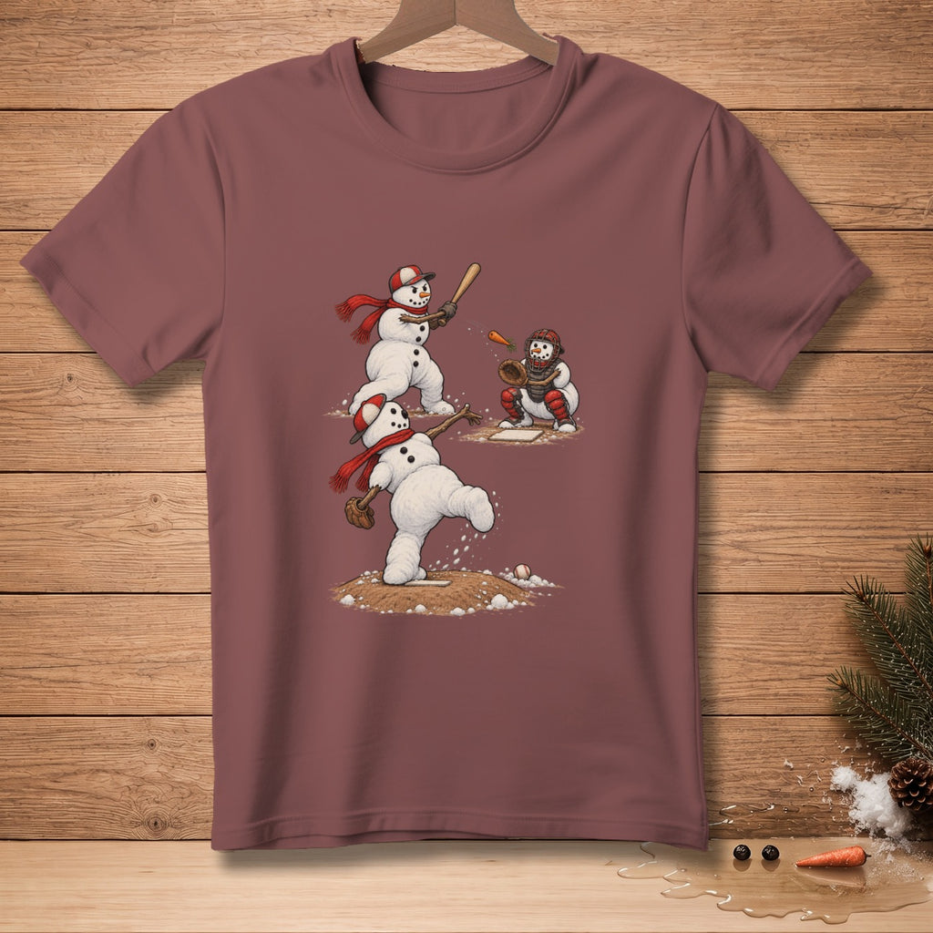 Snowmen playing baseball: pitcher throwing, batter swinging, catcher ready.