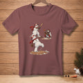 Snowmen playing baseball: pitcher throwing, batter swinging, catcher ready.