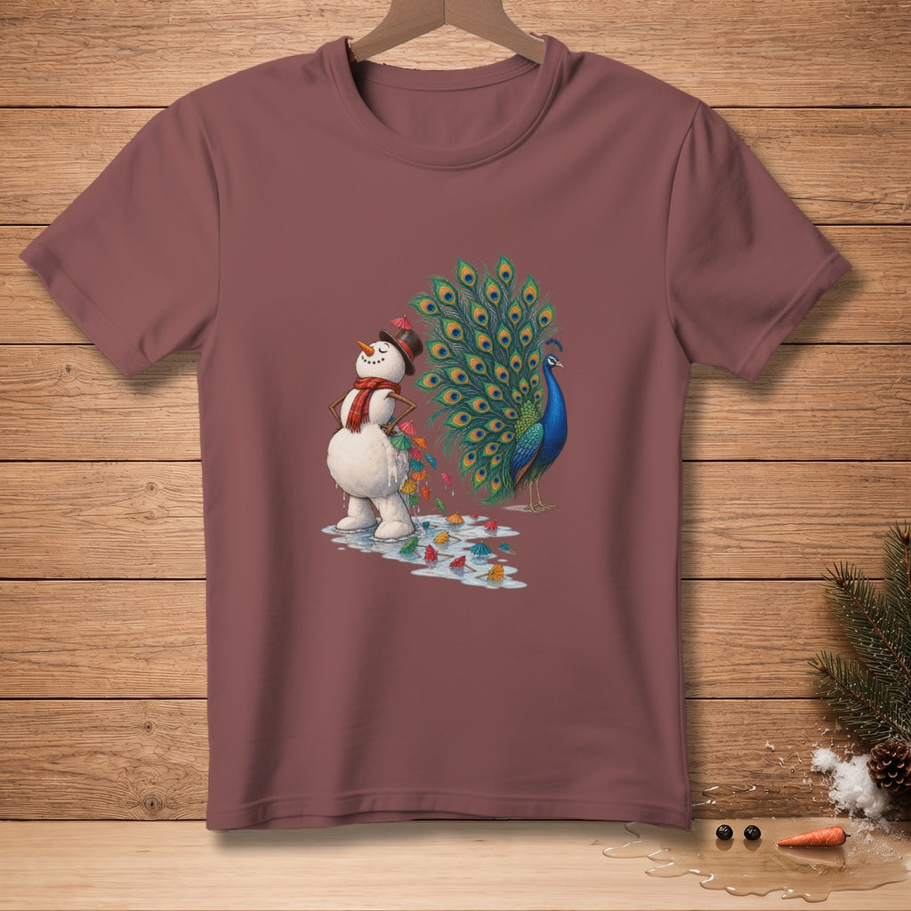 Snowman with a peacock, scattered tiny umbrellas, and melting puddles on a maroon t-shirt.