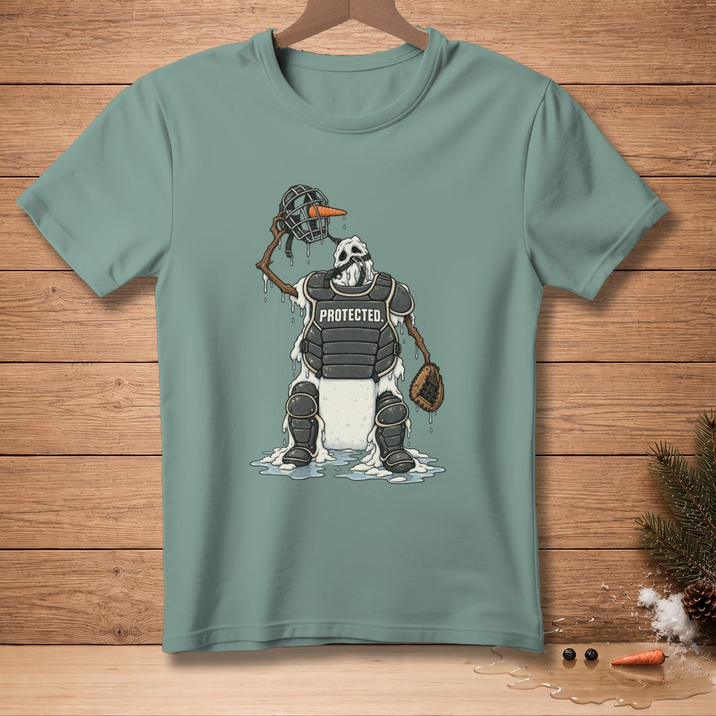 Melting snowman baseball catcher with "PROTECTED." text on chest protector.