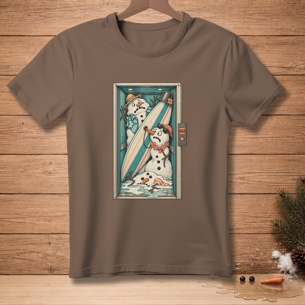 T-shirt with melting snowmen and surfboard in a box labeled "BEACH".