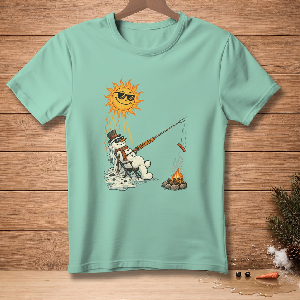 Melting snowman with sunglasses roasts hot dog over campfire under a sun.