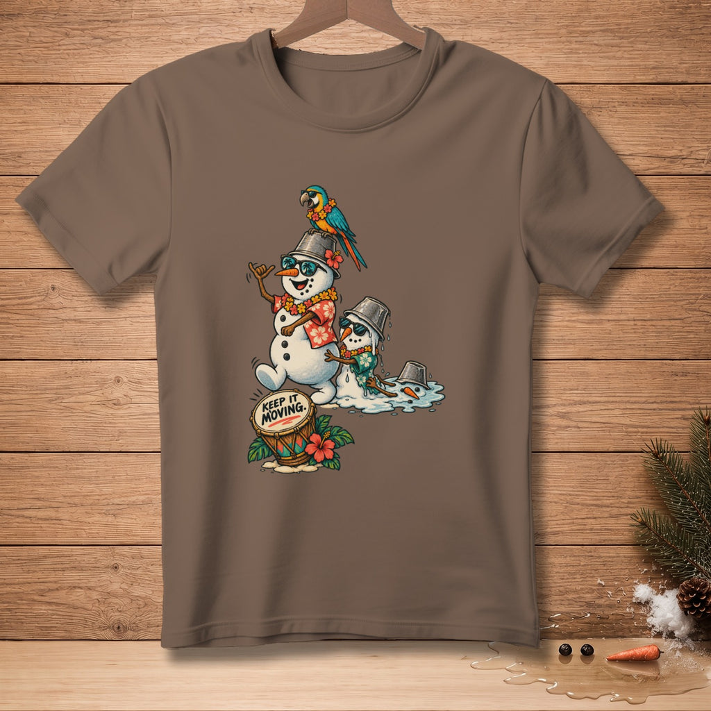 Snowmen with Hawaiian shirts, sunglasses, and a parrot on a drum that says "KEEP IT MOVING."