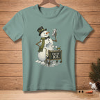 Snowman wearing a hat and scarf, making drinks with a cart labeled "Fresh Ice."