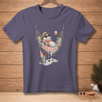 T-shirt graphic: Snowman in hammock with wine, "Rosé All Day" text.