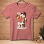 Melting snowman with top hat eats soup with bread, text reads "Comfort Food."