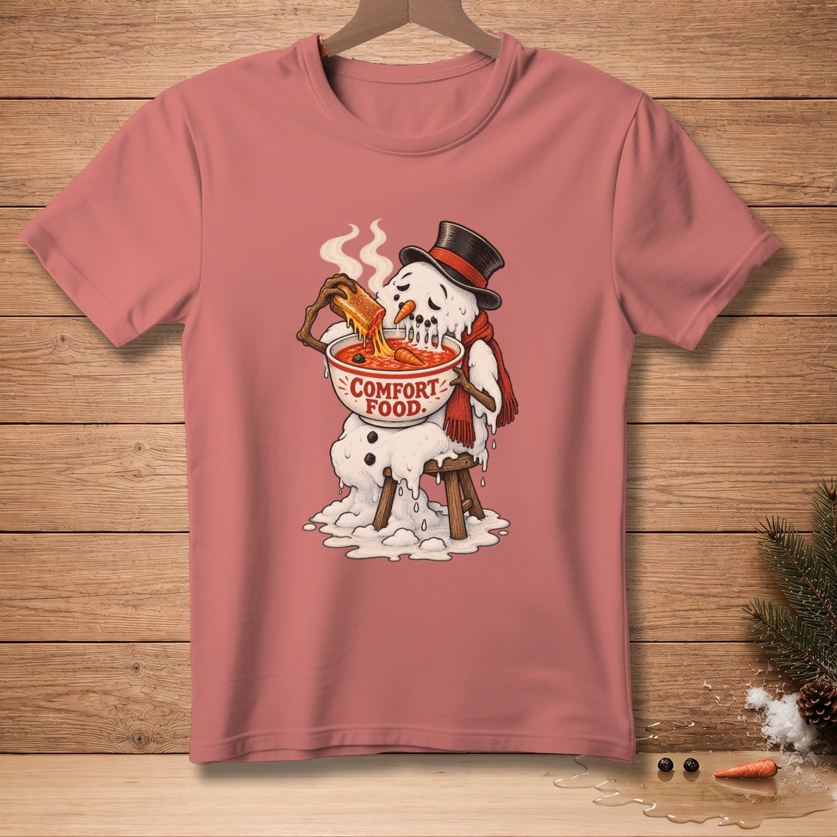 Melting snowman with top hat eats soup with bread, text reads "Comfort Food."