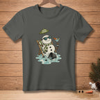 Snowman in beach chair under umbrella holding cocktail with "Found Shade" text.