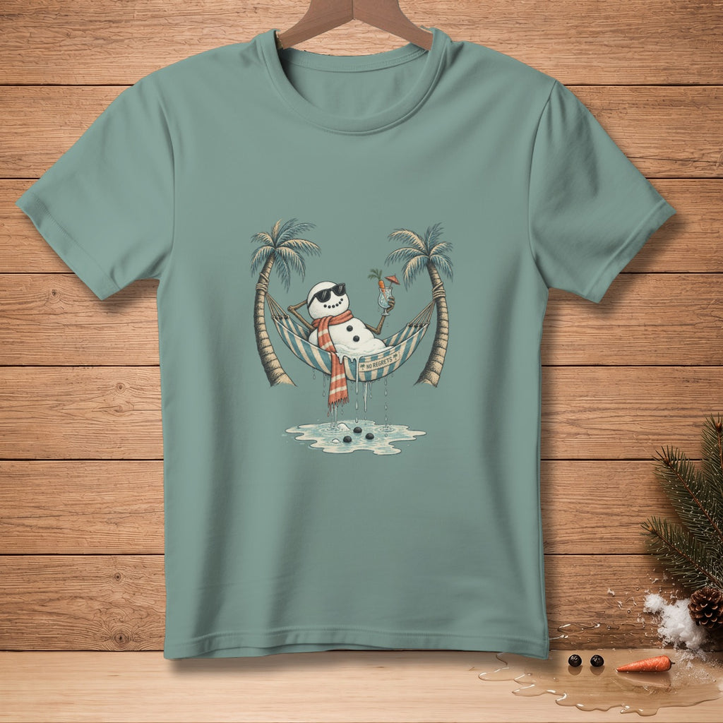 Snowman in hammock with sunglasses and drink, text "NO REGRETS".
