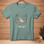 Snowman in hammock with sunglasses and drink, text "NO REGRETS".
