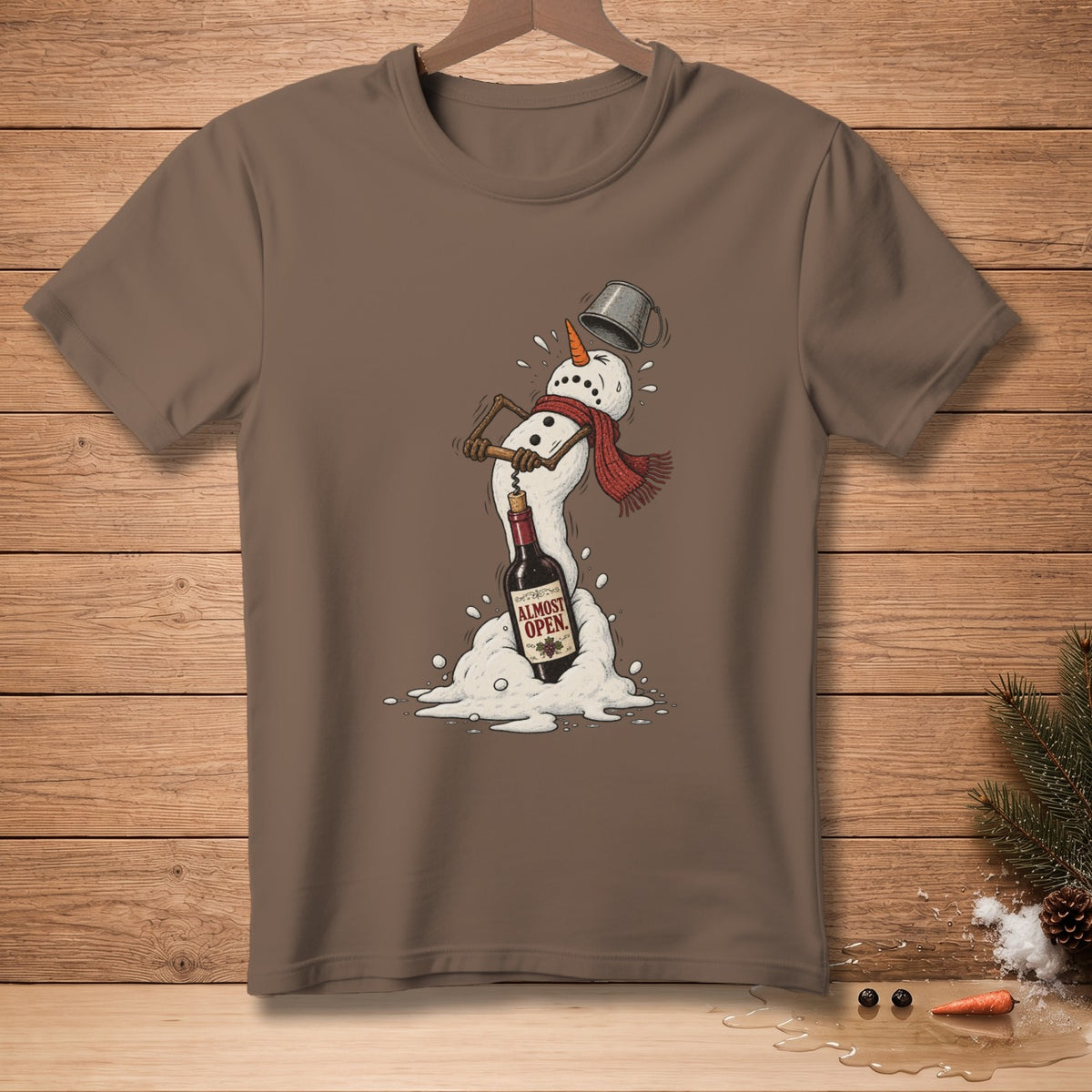 Melting snowman using a corkscrew on a wine bottle labeled "Almost Open".