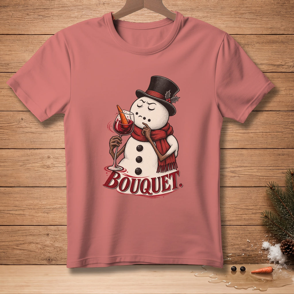 Dusty rose t-shirt with a snowman holding a wine glass and text "BOUQUET".