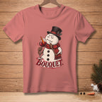 Dusty rose t-shirt with a snowman holding a wine glass and text "BOUQUET".