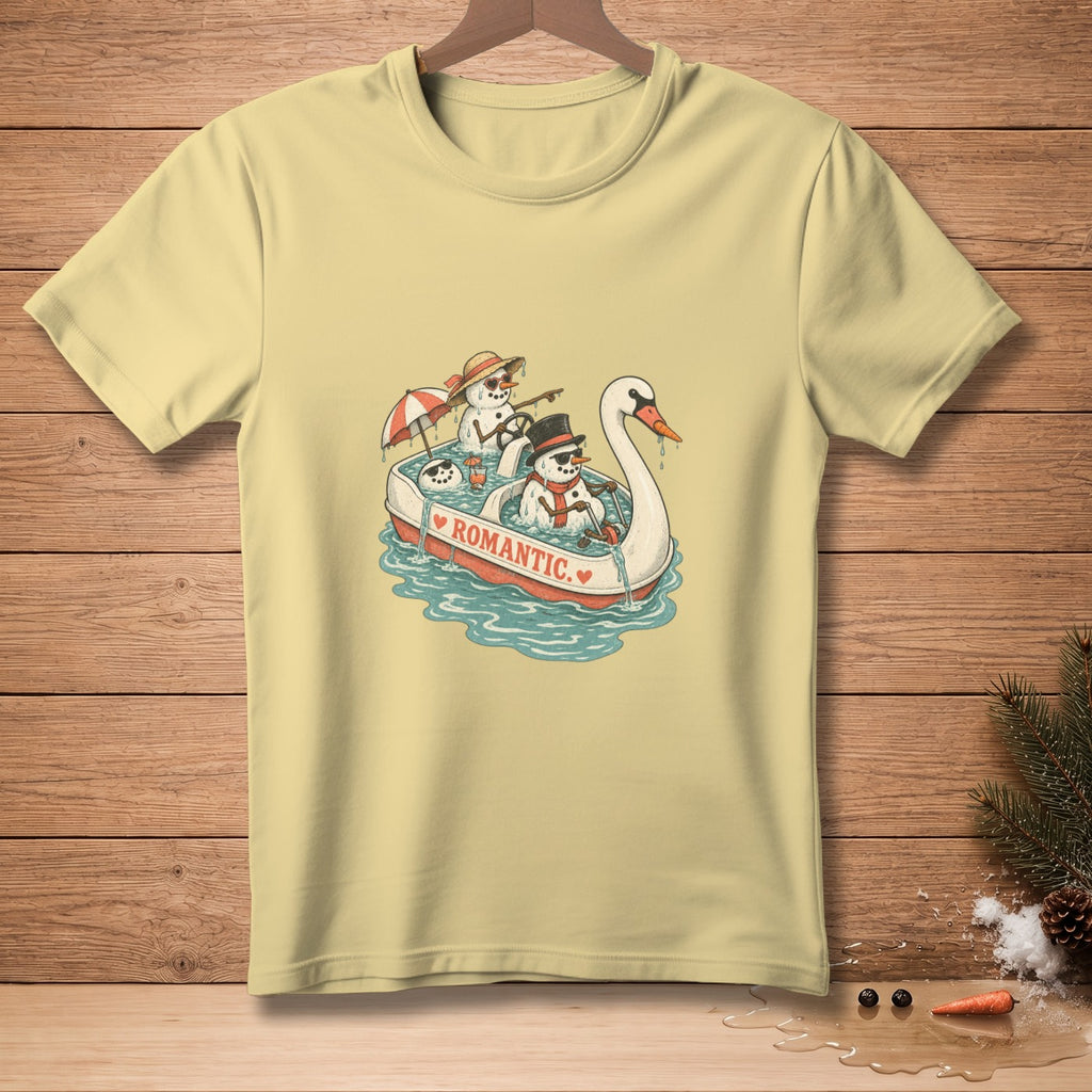 Three snowmen in a swan-shaped boat with "Romantic" text, on a yellow t-shirt.