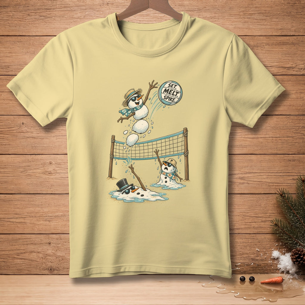 Cartoon snowmen playing volleyball with text "SET. MELT. SPIKE."