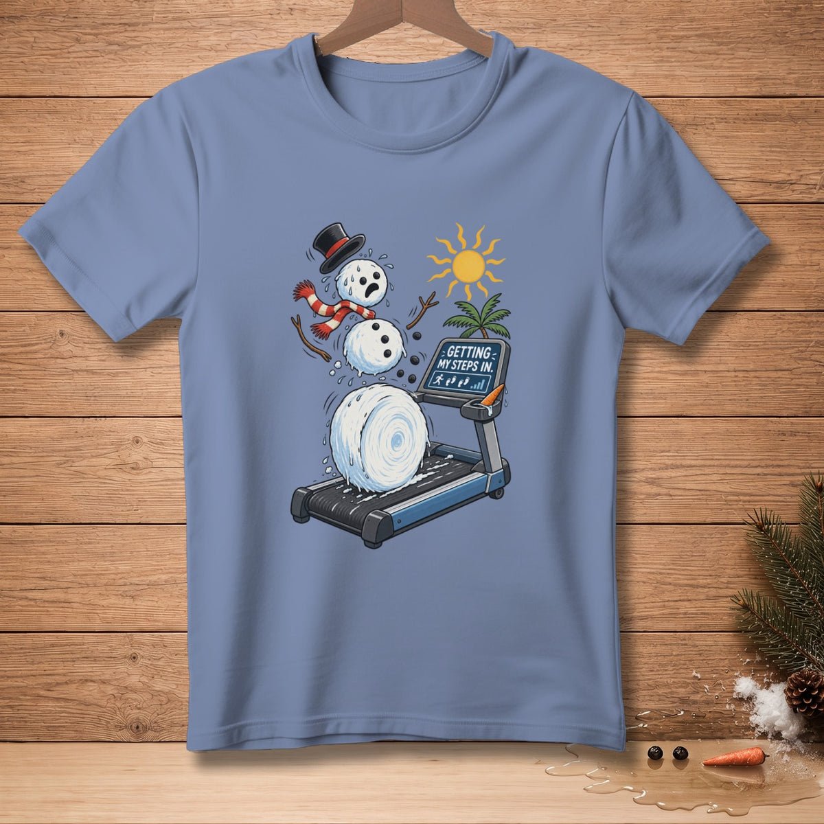 Snowman on a treadmill with melting snow, "Getting My Steps In" text.