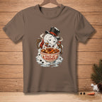 Melting snowman in top hat eats hot soup from bowl with text "Could Be Warmer".