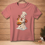 Snowman chef in apron and hat holds flaming dish with text "CHEF'S KISS."