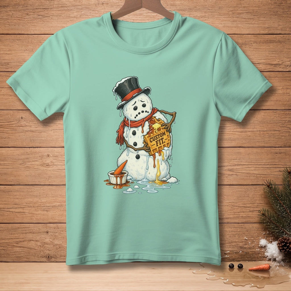 Melting snowman in top hat and scarf holding waffle with text "CUSTOM FIT."